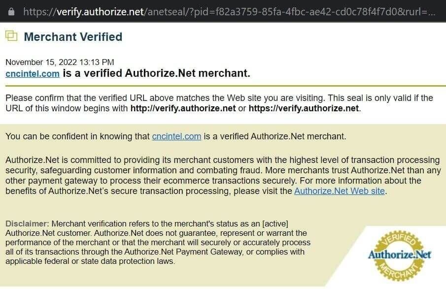 Popup windows showing that CNCIntel.com is Verified by Authorize.Net