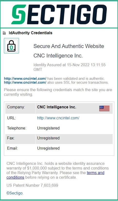 Screenshot of Sectigo website showing that CNCIntel.com is a verified domain