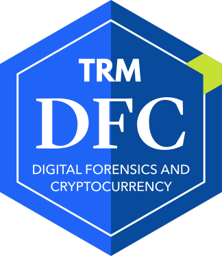 Logo of TRM DFC: Digital Forensics and Cryptocurrency with a hexagonal blue design.