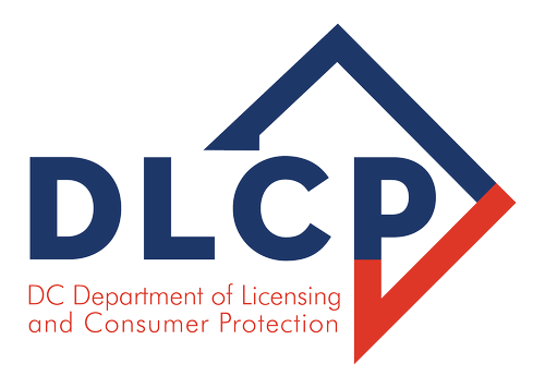 Logo of the DC Department of Licensing and Consumer Protection (DLCP), featuring bold blue letters DLCP with a geometric house-shaped frame in blue and red.